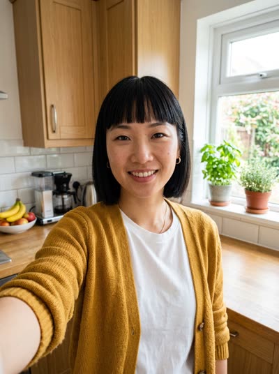 Photo A: a woman with a black bob and bangs in a mustard cardigan (AI-generated person)