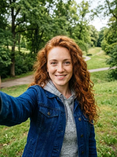Photo B: a woman with curly copper-red hair in a denim jacket (AI-generated person)